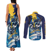 Personalized Barbados God Of The Sea Couples Matching Tank Maxi Dress and Long Sleeve Button Shirt Bajan Flying Fish Special Version - Wonder Print Shop