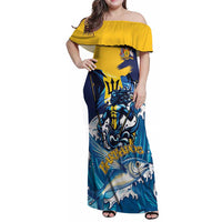 Personalized Barbados God Of The Sea Family Matching Off Shoulder Maxi Dress and Hawaiian Shirt Bajan Flying Fish Special Version - Wonder Print Shop