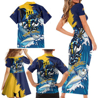 Personalized Barbados God Of The Sea Family Matching Short Sleeve Bodycon Dress and Hawaiian Shirt Bajan Flying Fish Special Version - Wonder Print Shop