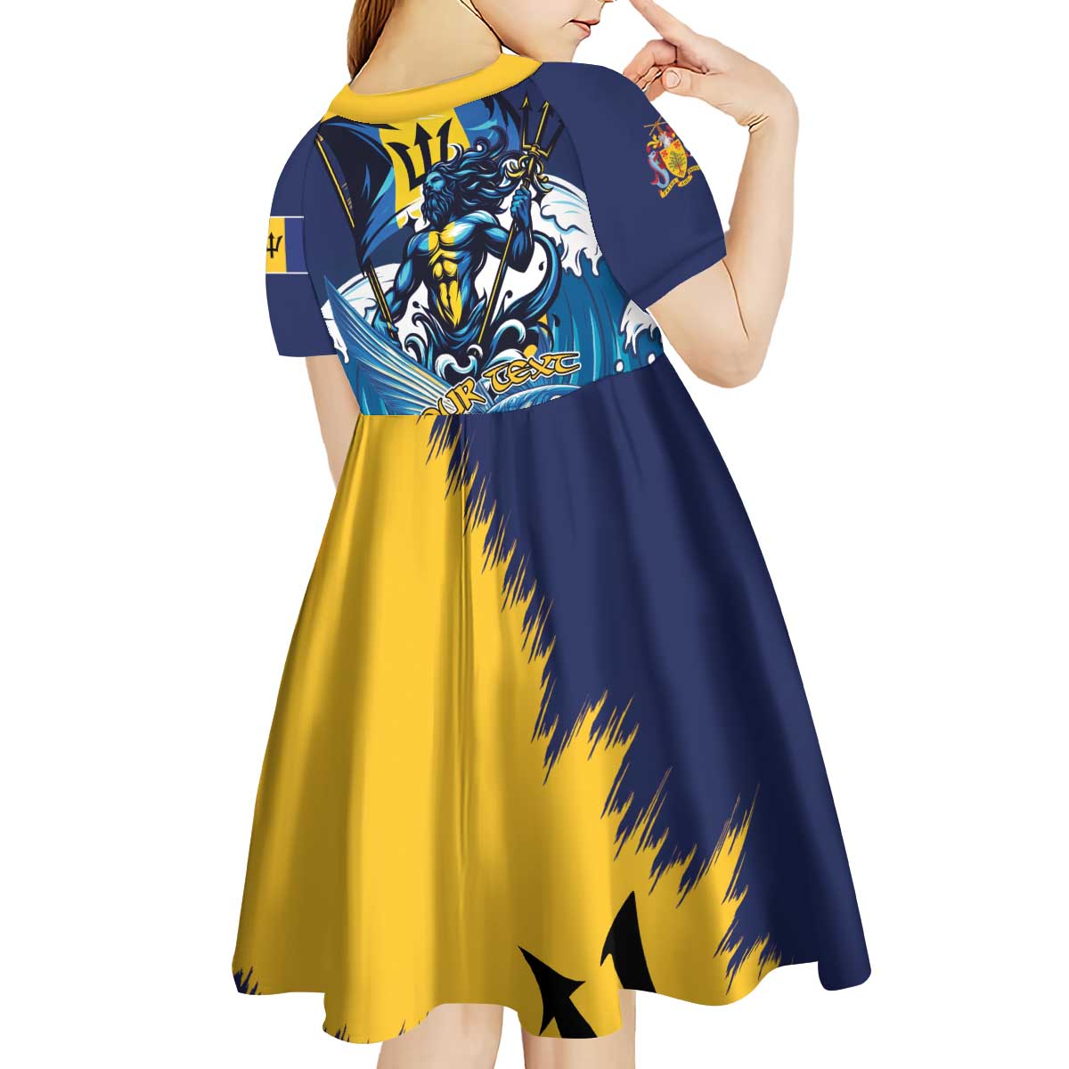 Personalized Barbados God Of The Sea Kid Short Sleeve Dress Bajan Flying Fish Special Version - Wonder Print Shop