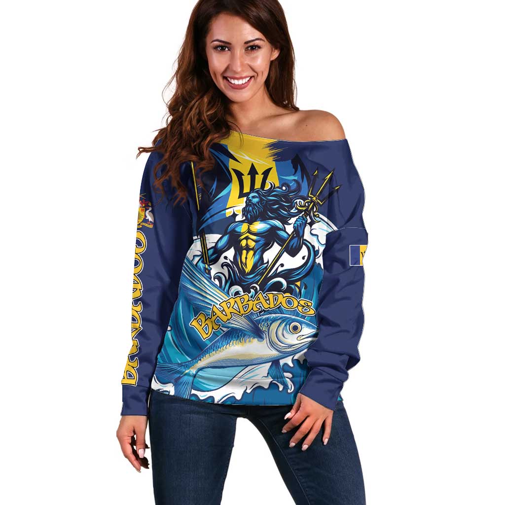 Personalized Barbados God Of The Sea Off Shoulder Sweater Bajan Flying Fish Special Version - Wonder Print Shop