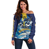 Personalized Barbados God Of The Sea Off Shoulder Sweater Bajan Flying Fish Special Version - Wonder Print Shop