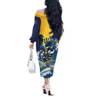 Personalized Barbados God Of The Sea Off The Shoulder Long Sleeve Dress Bajan Flying Fish Special Version - Wonder Print Shop
