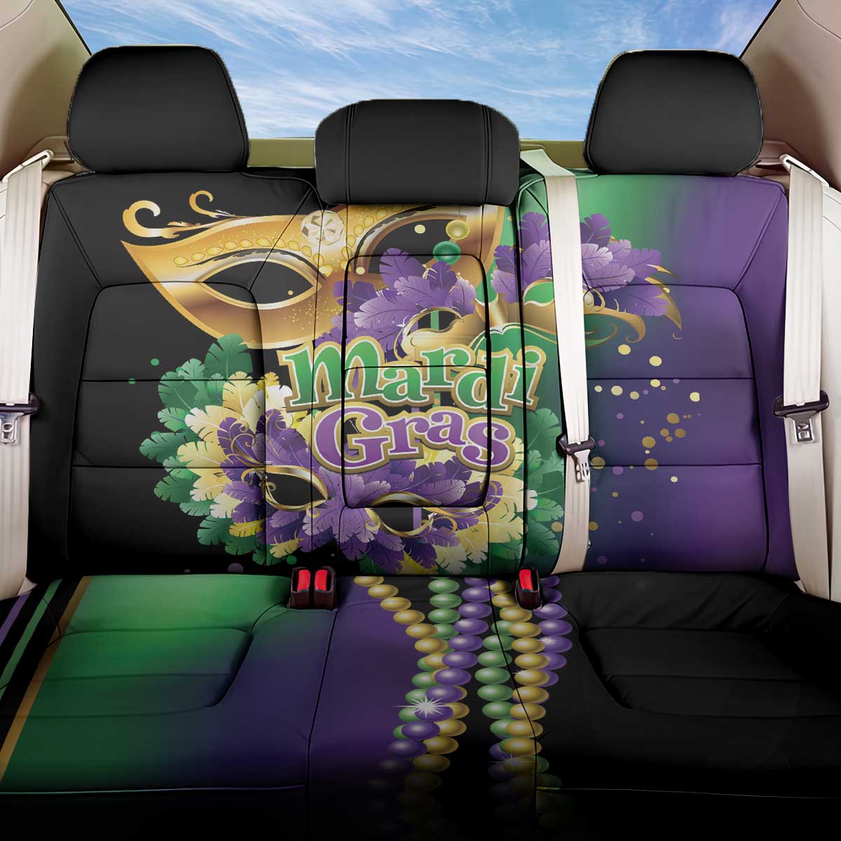 Personalized Mardi Gras Back Car Seat Cover Carnival Feathers Masks