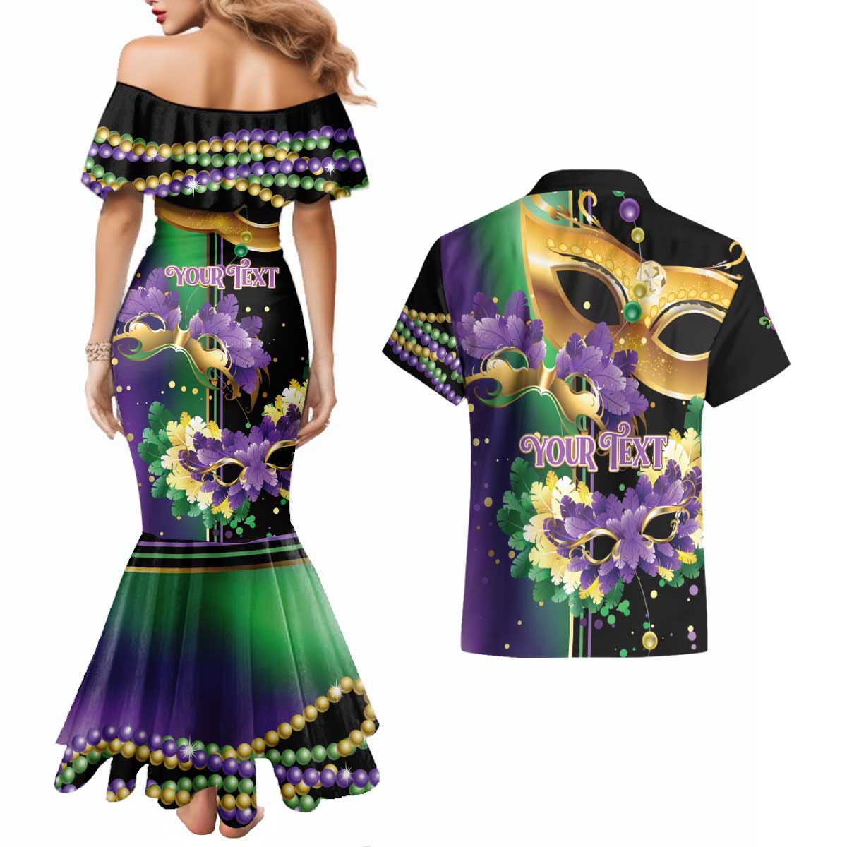 Personalized Mardi Gras Couples Matching Mermaid Dress and Hawaiian Shirt Carnival Feathers Masks