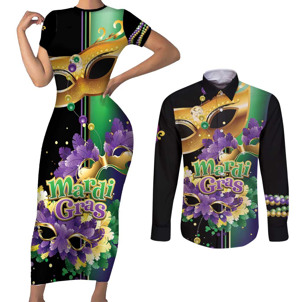 Personalized Mardi Gras Couples Matching Short Sleeve Bodycon Dress and Long Sleeve Button Shirt Carnival Feathers Masks