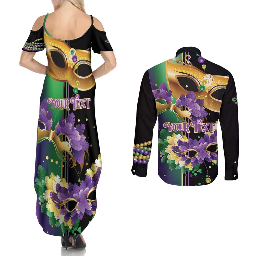 Personalized Mardi Gras Couples Matching Summer Maxi Dress and Long Sleeve Button Shirt Carnival Feathers Masks
