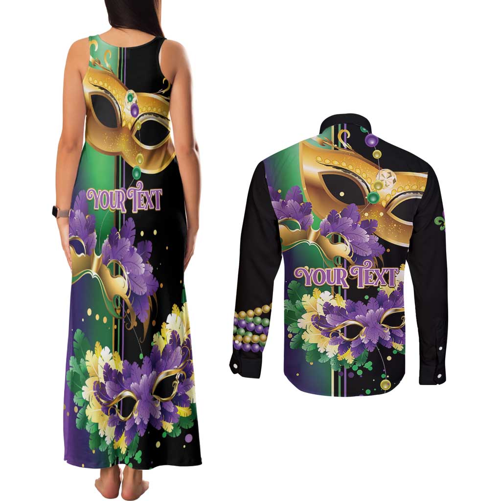 Personalized Mardi Gras Couples Matching Tank Maxi Dress and Long Sleeve Button Shirt Carnival Feathers Masks