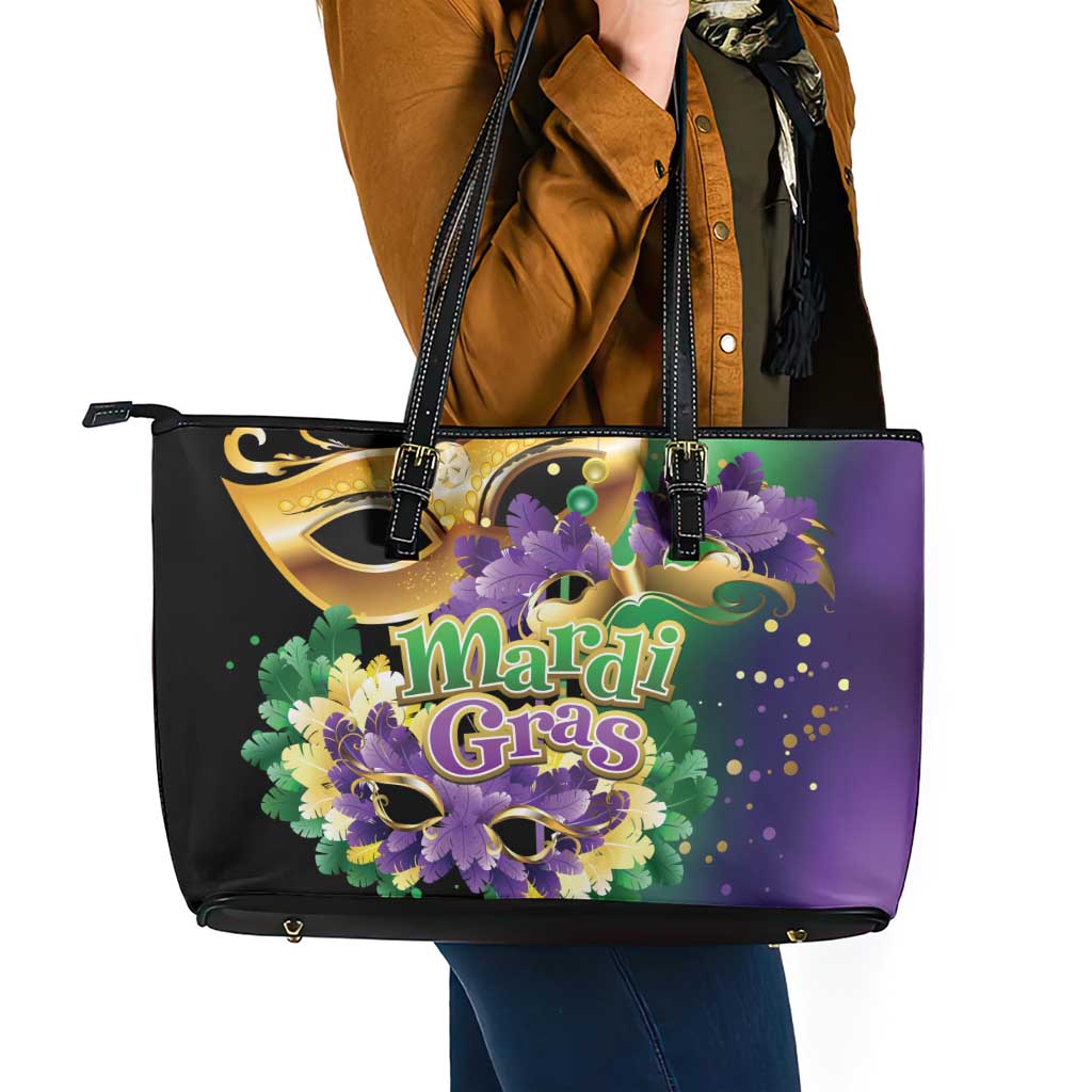Personalized Mardi Gras Leather Tote Bag Carnival Feathers Masks