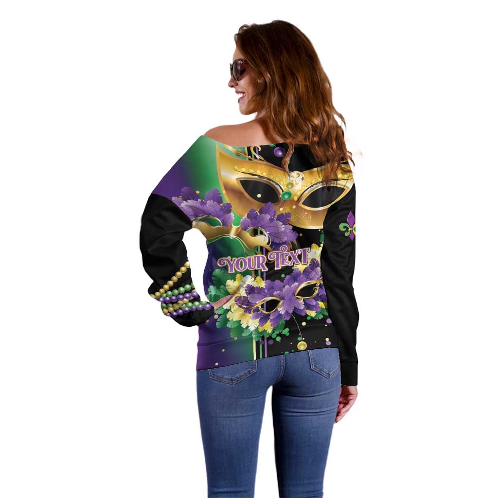 Personalized Mardi Gras Off Shoulder Sweater Carnival Feathers Masks - Wonder Print Shop