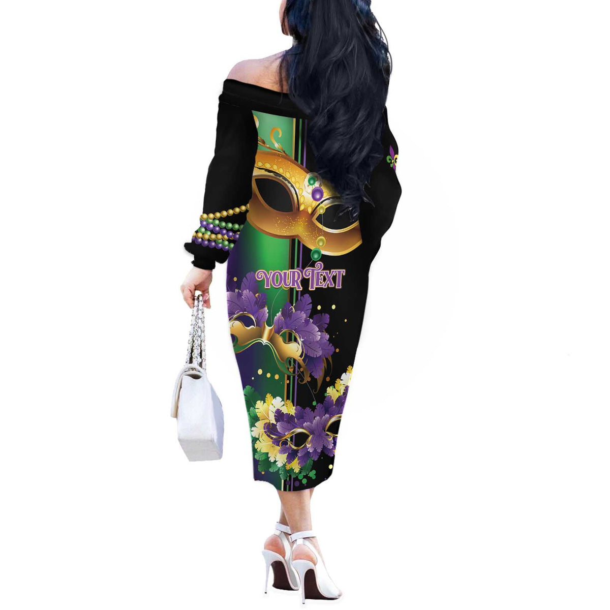 Personalized Mardi Gras Off The Shoulder Long Sleeve Dress Carnival Feathers Masks - Wonder Print Shop