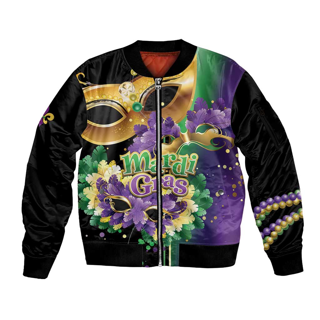 Personalized Mardi Gras Sleeve Zip Bomber Jacket Carnival Feathers Masks - Wonder Print Shop
