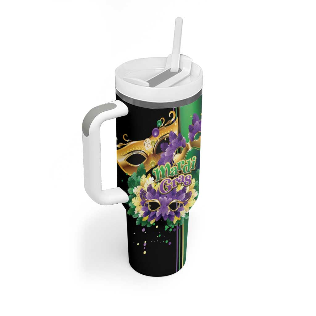 Personalized Mardi Gras Tumbler With Handle Carnival Feathers Masks - Wonder Print Shop