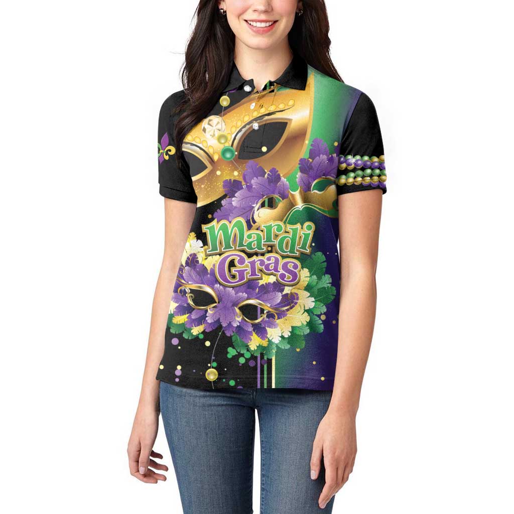 Personalized Mardi Gras Women Polo Shirt Carnival Feathers Masks - Wonder Print Shop
