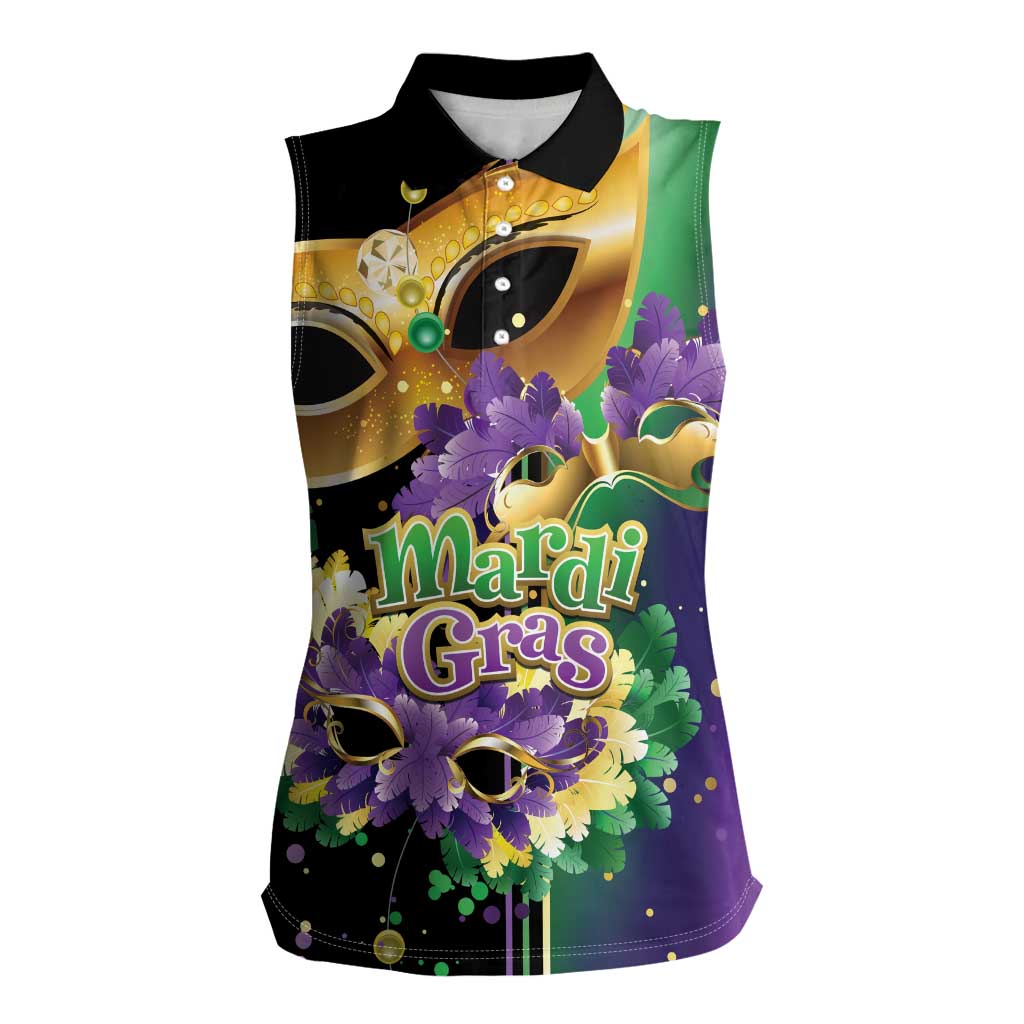 Personalized Mardi Gras Women Sleeveless Polo Shirt Carnival Feathers Masks - Wonder Print Shop