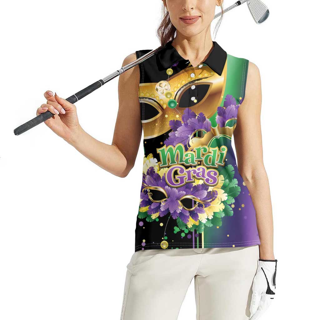 Personalized Mardi Gras Women Sleeveless Polo Shirt Carnival Feathers Masks - Wonder Print Shop