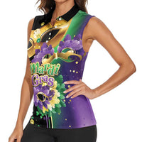 Personalized Mardi Gras Women Sleeveless Polo Shirt Carnival Feathers Masks - Wonder Print Shop