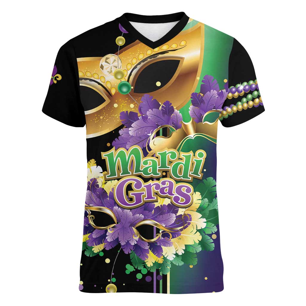 Personalized Mardi Gras Women V-Neck T-Shirt Carnival Feathers Masks - Wonder Print Shop