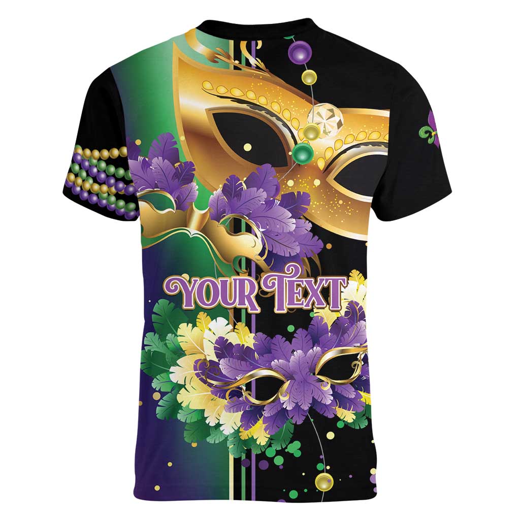 Personalized Mardi Gras Women V-Neck T-Shirt Carnival Feathers Masks - Wonder Print Shop