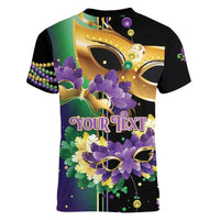 Personalized Mardi Gras Women V-Neck T-Shirt Carnival Feathers Masks - Wonder Print Shop