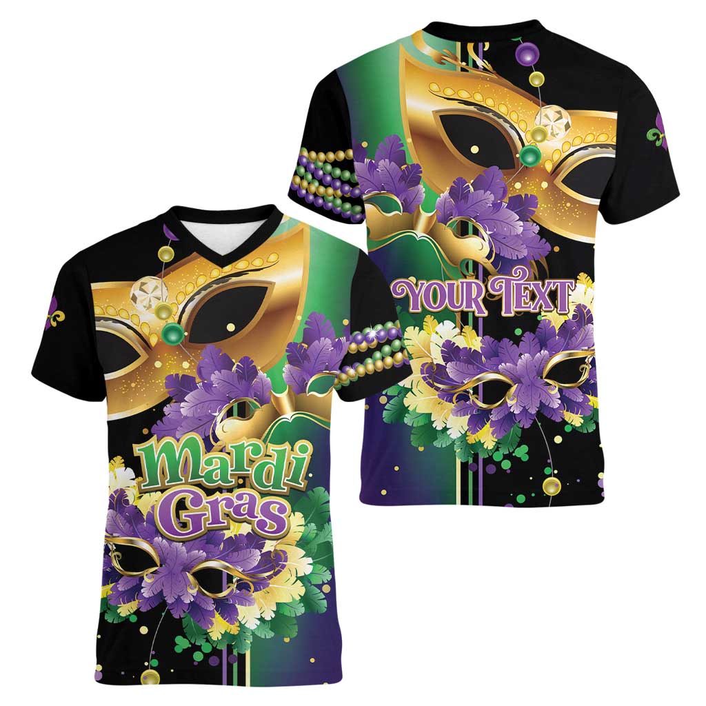Personalized Mardi Gras Women V-Neck T-Shirt Carnival Feathers Masks - Wonder Print Shop