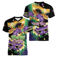 Personalized Mardi Gras Women V-Neck T-Shirt Carnival Feathers Masks - Wonder Print Shop