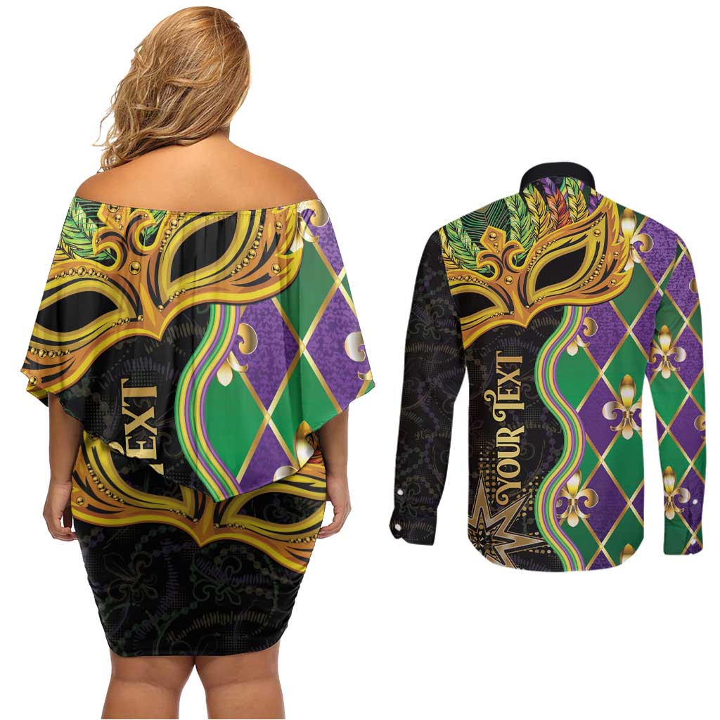 Personalized Mardi Gras Couples Matching Off Shoulder Short Dress and Long Sleeve Button Shirt Gold Mask Unique Style