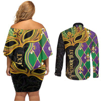 Personalized Mardi Gras Couples Matching Off Shoulder Short Dress and Long Sleeve Button Shirt Gold Mask Unique Style