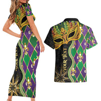 Personalized Mardi Gras Couples Matching Short Sleeve Bodycon Dress and Hawaiian Shirt Gold Mask Unique Style