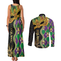 Personalized Mardi Gras Couples Matching Tank Maxi Dress and Long Sleeve Button Shirt Gold Mask Unique Style