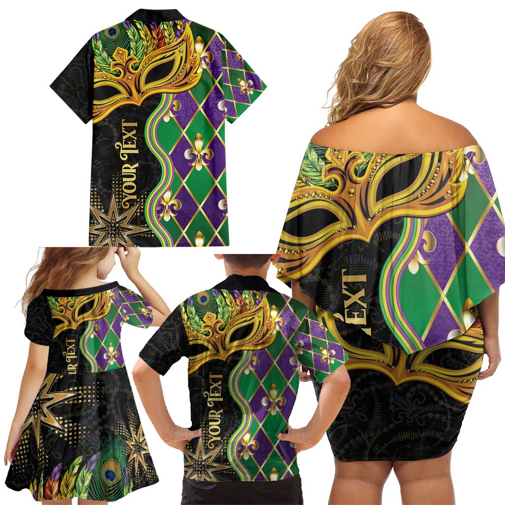 Personalized Mardi Gras Family Matching Off Shoulder Short Dress and Hawaiian Shirt Gold Mask Unique Style