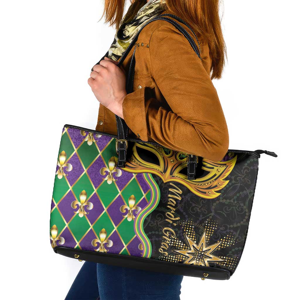 Personalized Mardi Gras Leather Tote Bag Gold Mask Unique Style