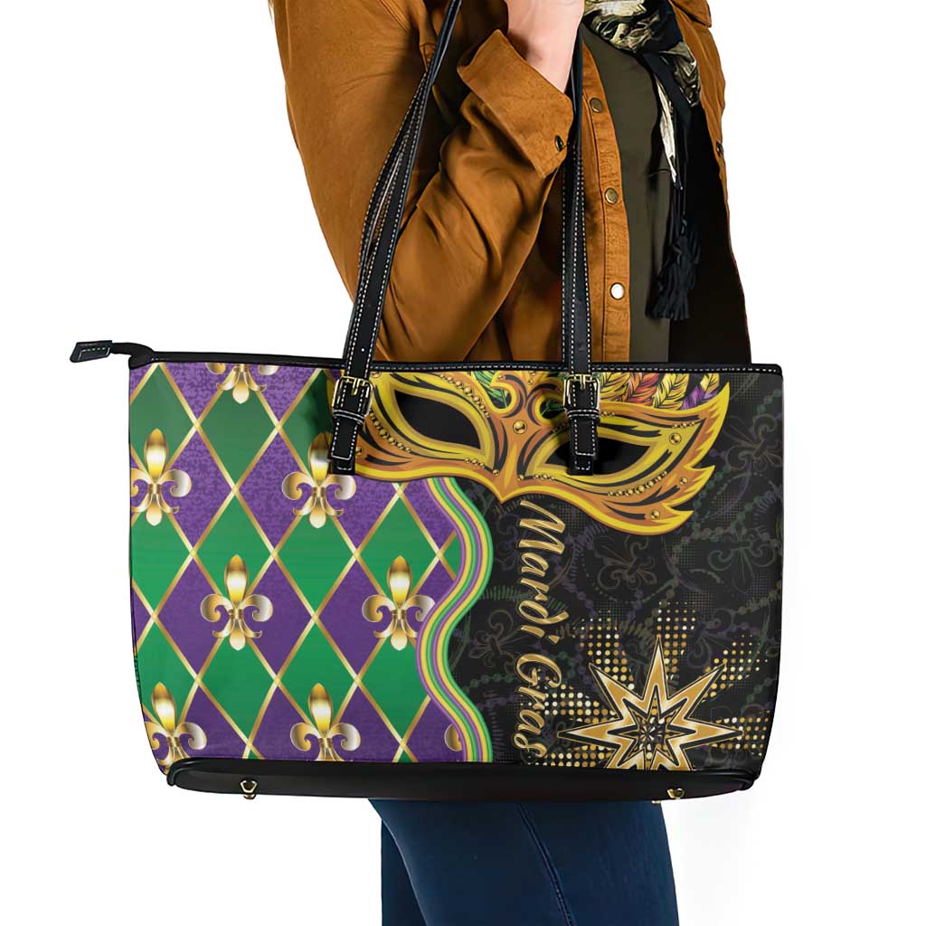 Personalized Mardi Gras Leather Tote Bag Gold Mask Unique Style