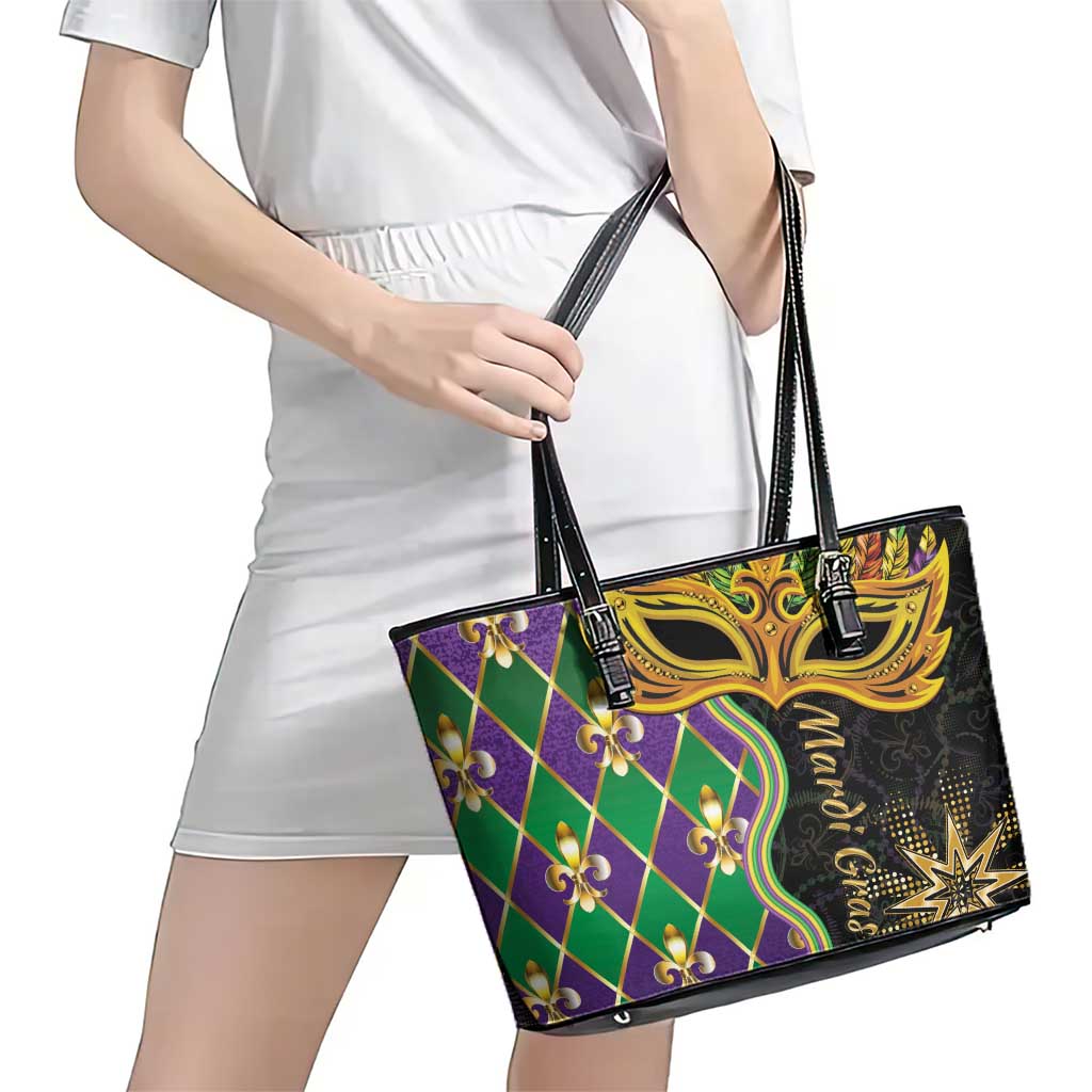 Personalized Mardi Gras Leather Tote Bag Gold Mask Unique Style