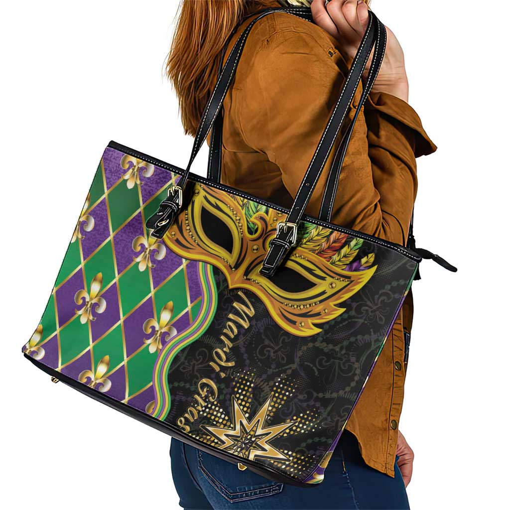 Personalized Mardi Gras Leather Tote Bag Gold Mask Unique Style
