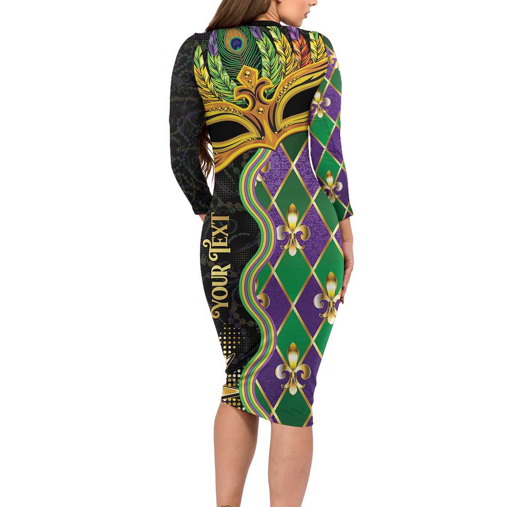 Personalized Mardi Gras Long Sleeve Bodycon Dress Gold Mask Unique Style
