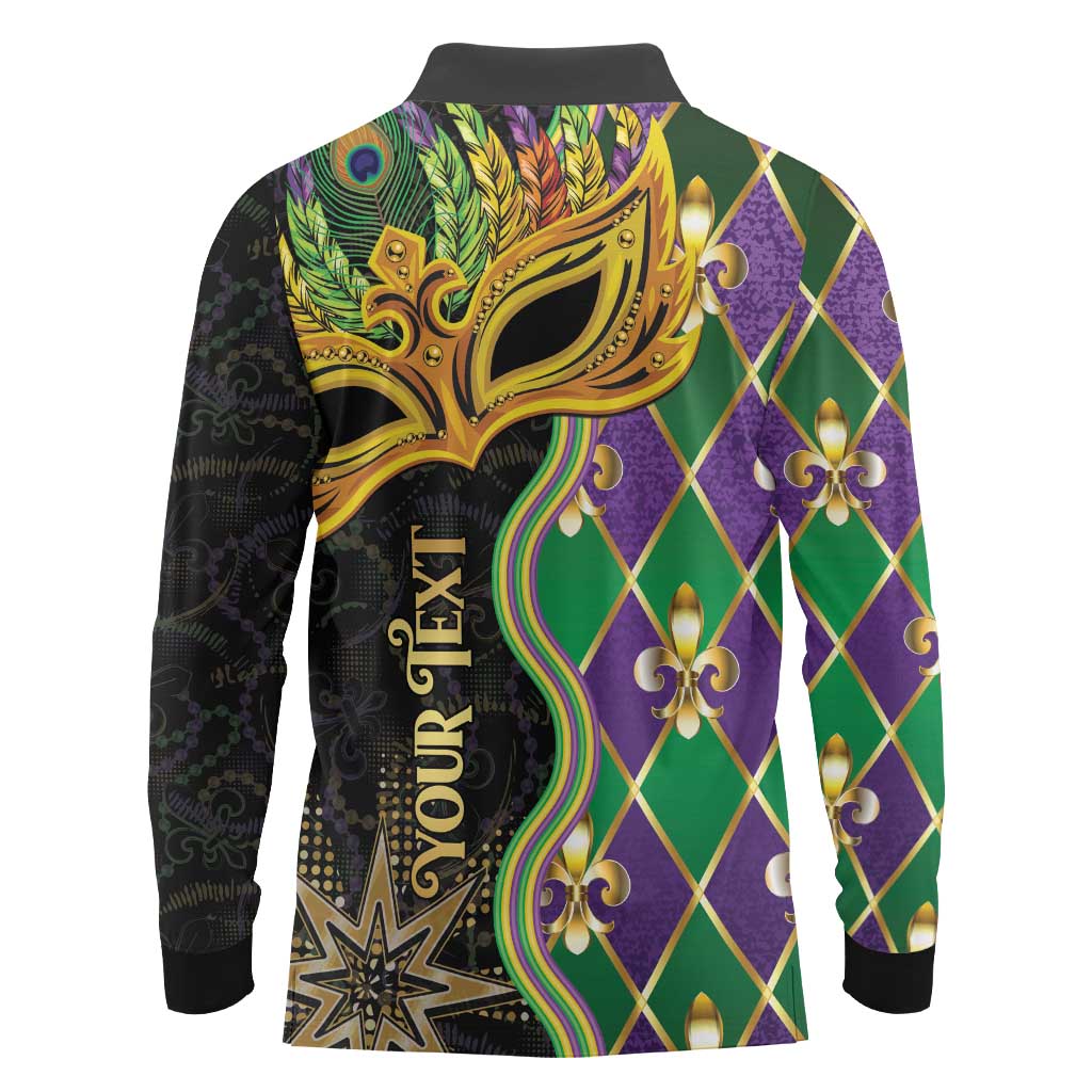 Personalized Mardi Gras Long Sleeve Polo Shirt Gold Mask Unique Style - Wonder Print Shop