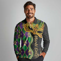 Personalized Mardi Gras Long Sleeve Polo Shirt Gold Mask Unique Style - Wonder Print Shop