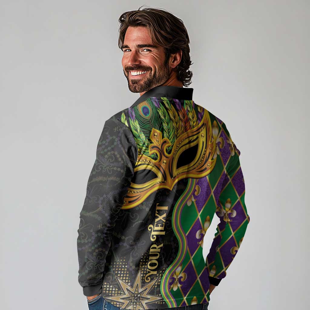 Personalized Mardi Gras Long Sleeve Polo Shirt Gold Mask Unique Style - Wonder Print Shop
