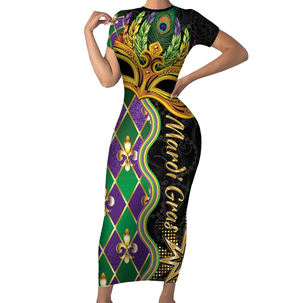 Personalized Mardi Gras Short Sleeve Bodycon Dress Gold Mask Unique Style - Wonder Print Shop