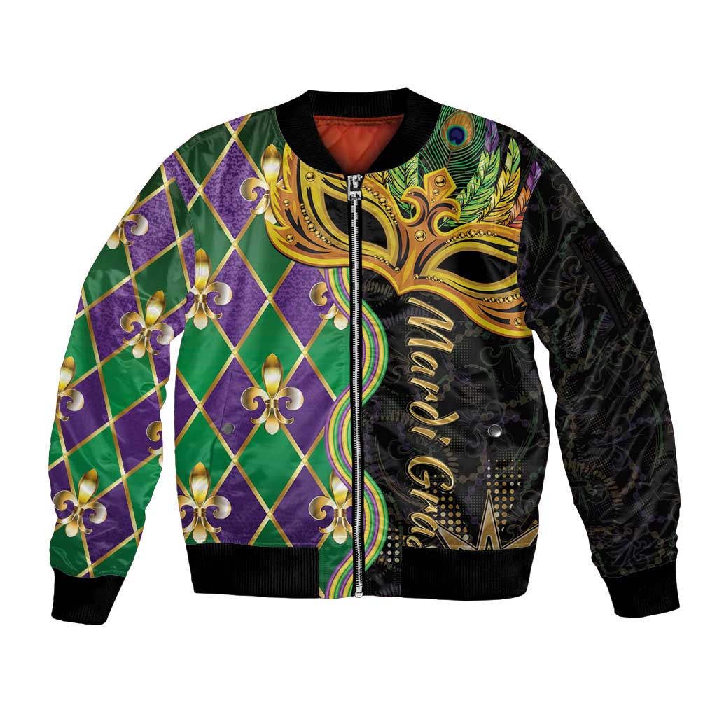 Personalized Mardi Gras Sleeve Zip Bomber Jacket Gold Mask Unique Style - Wonder Print Shop