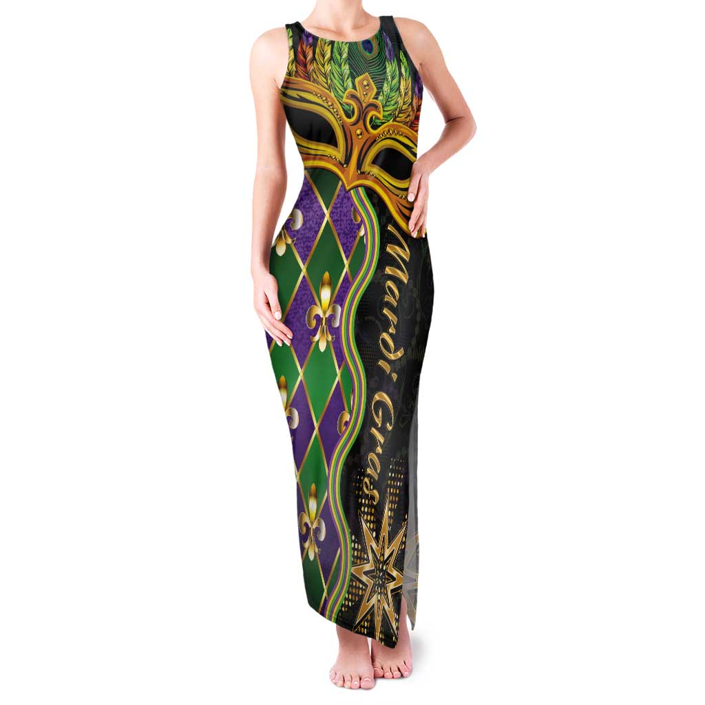 Personalized Mardi Gras Tank Maxi Dress Gold Mask Unique Style - Wonder Print Shop
