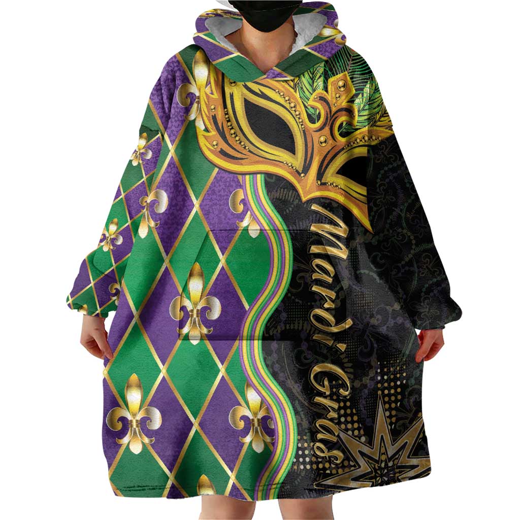 Personalized Mardi Gras Wearable Blanket Hoodie Gold Mask Unique Style - Wonder Print Shop