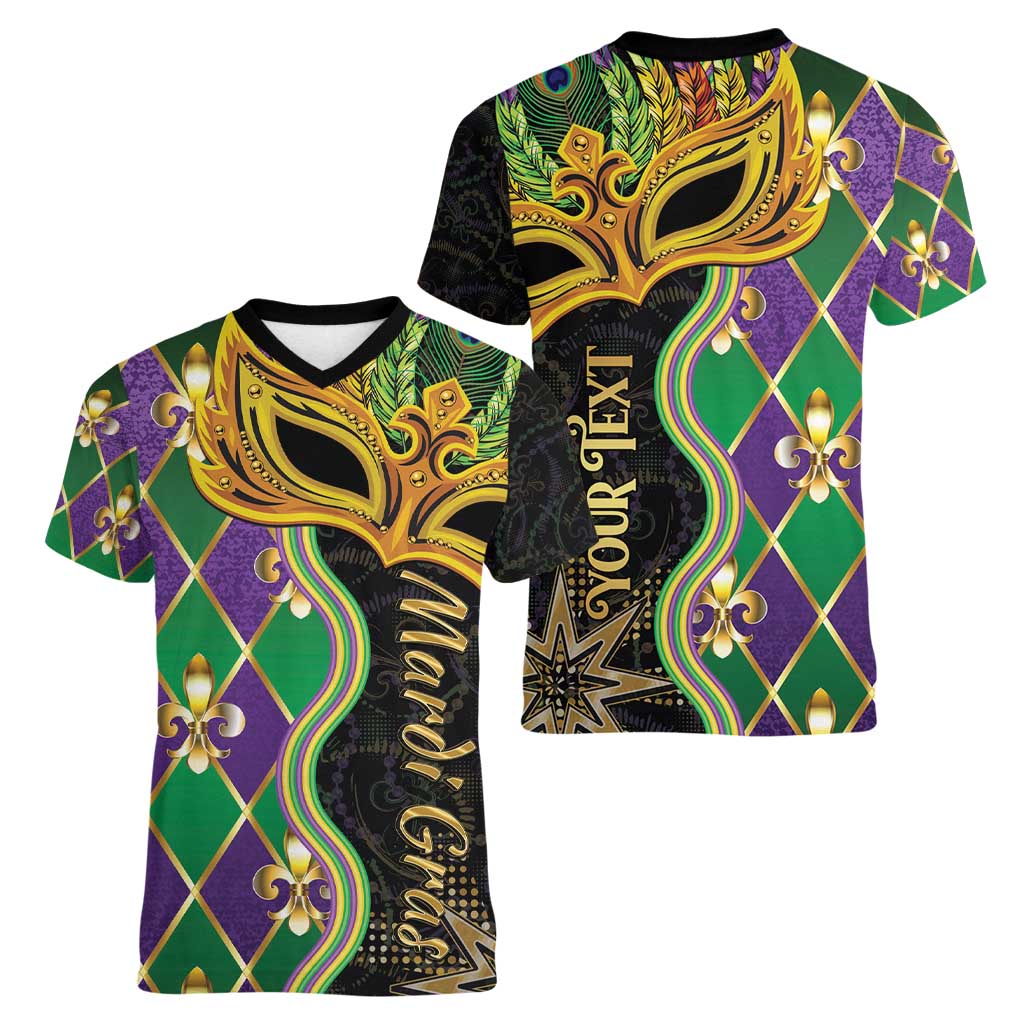 Personalized Mardi Gras Women V-Neck T-Shirt Gold Mask Unique Style - Wonder Print Shop
