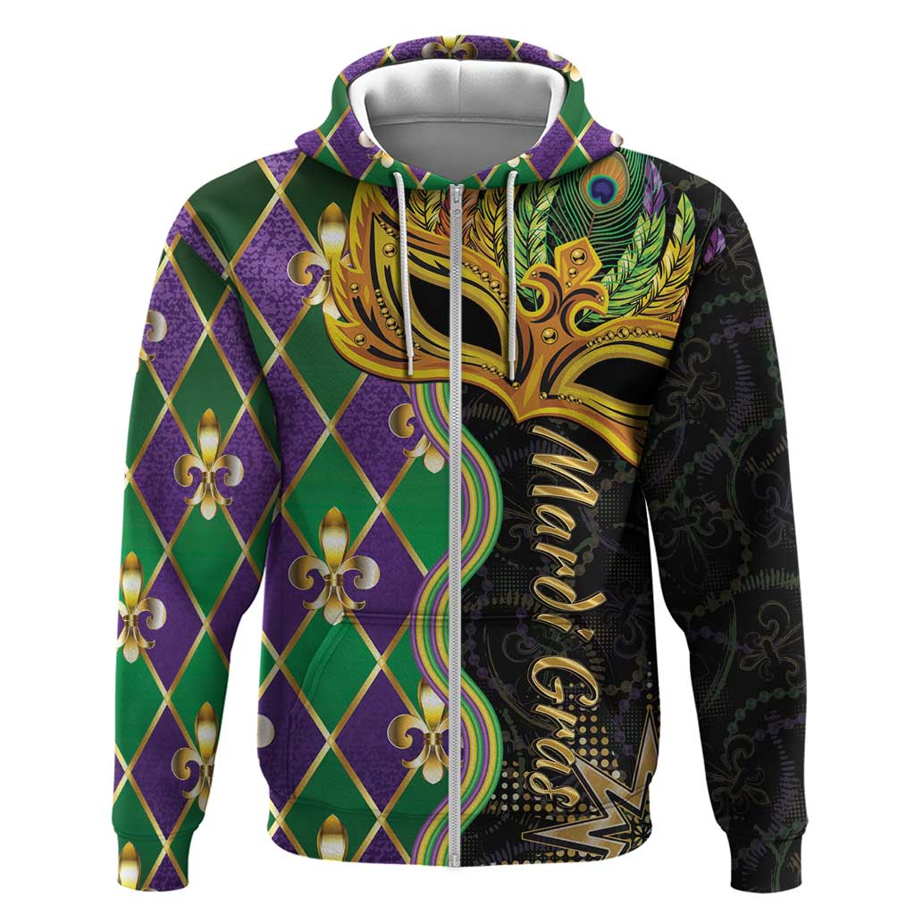 Personalized Mardi Gras Zip Hoodie Gold Mask Unique Style - Wonder Print Shop