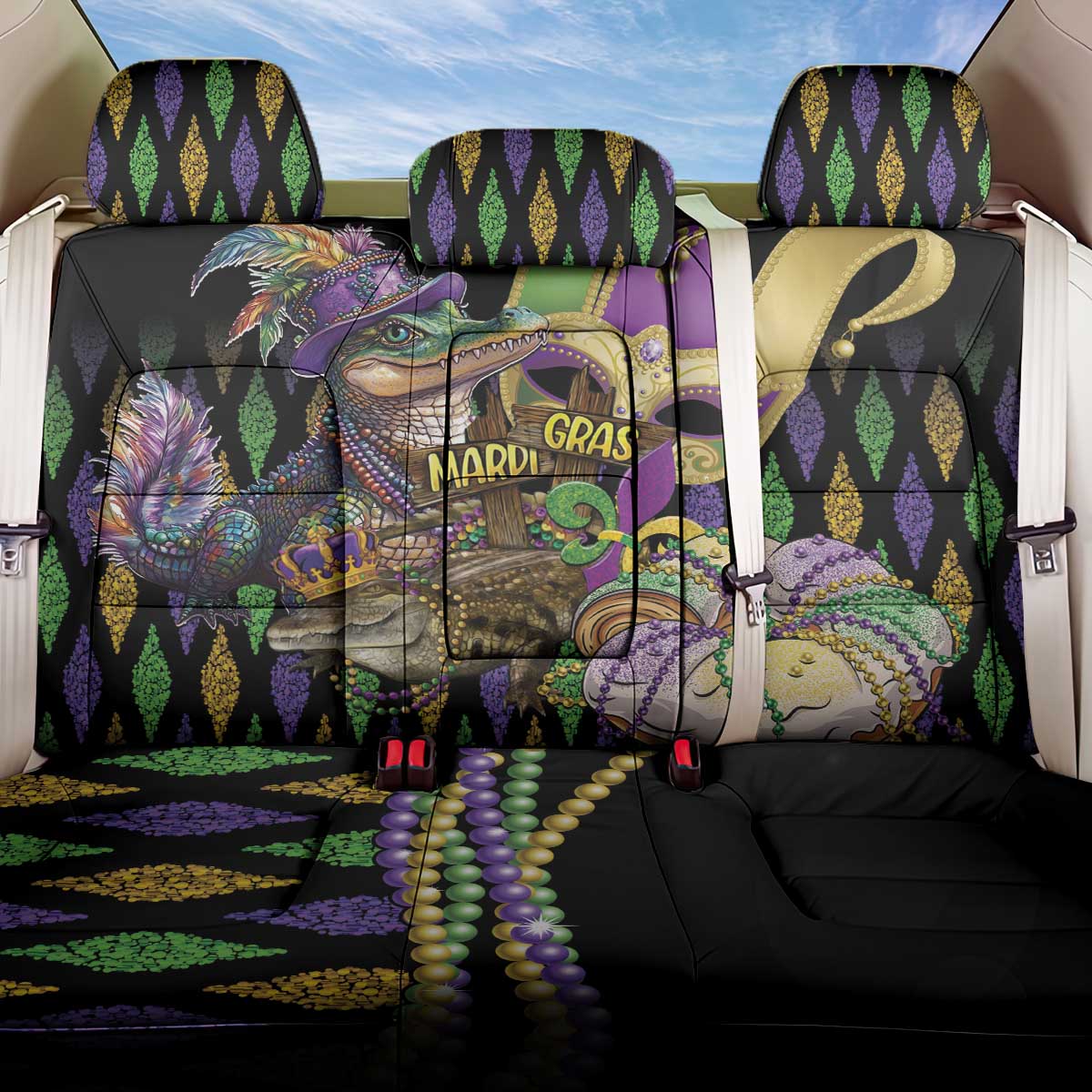 Mardi Gras Alligator Back Car Seat Cover Fleur De Lis Glitter Style