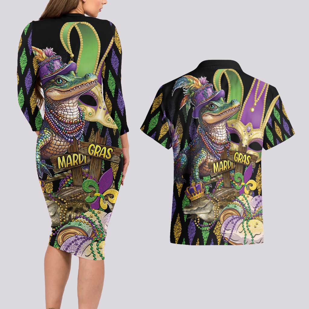 Mardi Gras Alligator Couples Matching Long Sleeve Bodycon Dress and Hawaiian Shirt Fleur De Lis Glitter Style