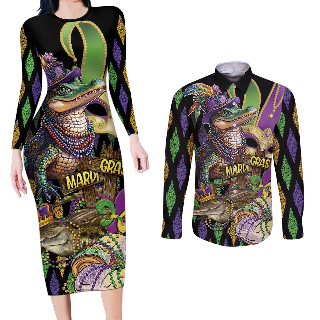 Mardi Gras Alligator Couples Matching Long Sleeve Bodycon Dress and Long Sleeve Button Shirt Fleur De Lis Glitter Style