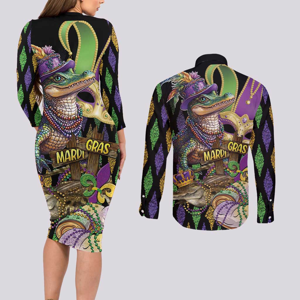 Mardi Gras Alligator Couples Matching Long Sleeve Bodycon Dress and Long Sleeve Button Shirt Fleur De Lis Glitter Style