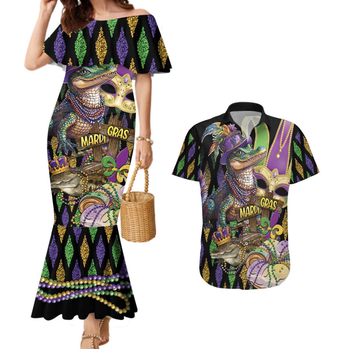 Mardi Gras Alligator Couples Matching Mermaid Dress and Hawaiian Shirt Fleur De Lis Glitter Style